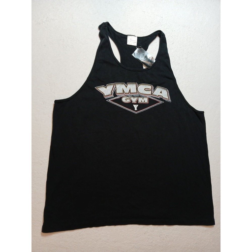 Vintage 90s YMCA Gym Tank Top XL Spirit Activewear Black Glitter Graphic